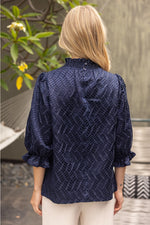 Smocked Neck Zig Zag Textured Top- Navy