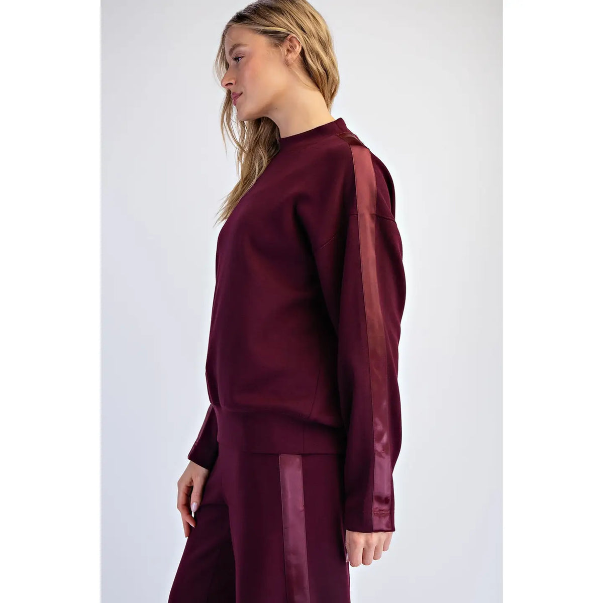 Rae Mode LUXE SATIN Crew Neck AND Straight Pant SET-Dark Cherry