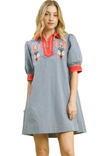 Emaline Slate Blue and Coral Floral Mini Dress