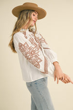 Ivory Embroidered Mock Neck Button Up Top with Dark Camel Stitching