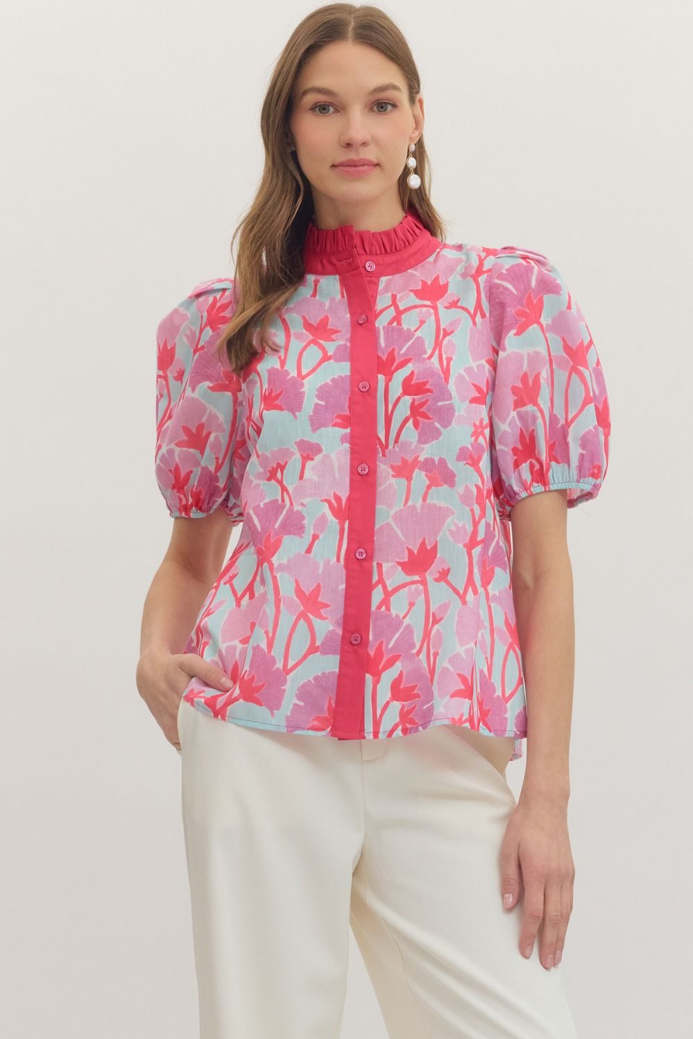 Landry Botanical Print Button Front Top