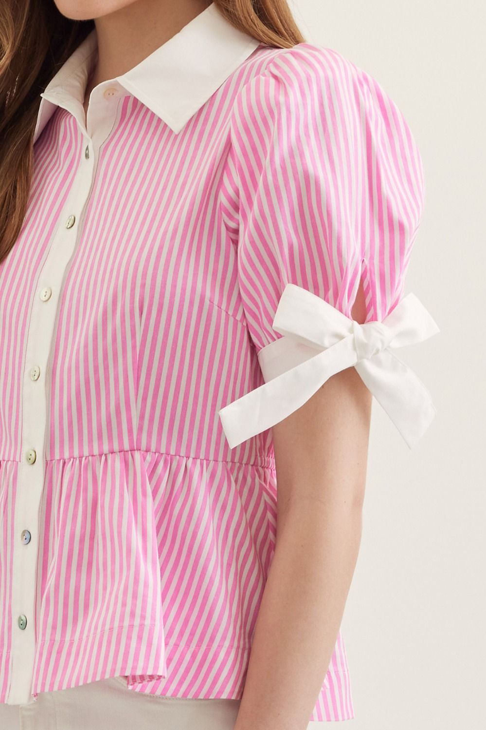 Lottie Striped Button Down Peplum Top with Self Tie Bow Cuff Detail- Pink