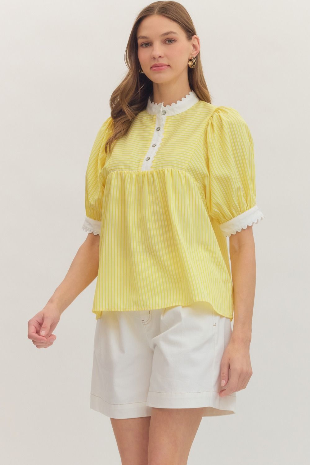 Bianca Yellow Pin Stripe Top with Scallop Trim Detail