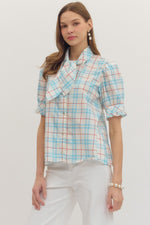 Perfectly Plaid Print Tie Neck Top - Red/Blue