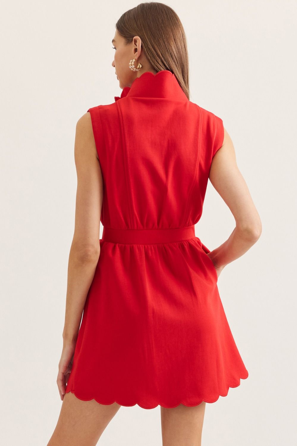 Dylan Zip Front Mini with Scallop Hem and Stand Collar - Red