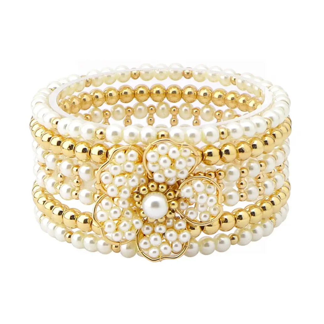 GOLD AND PEARL BEADED STRECTH BRACELETS WITH PEARL FLOWER ACCENTS