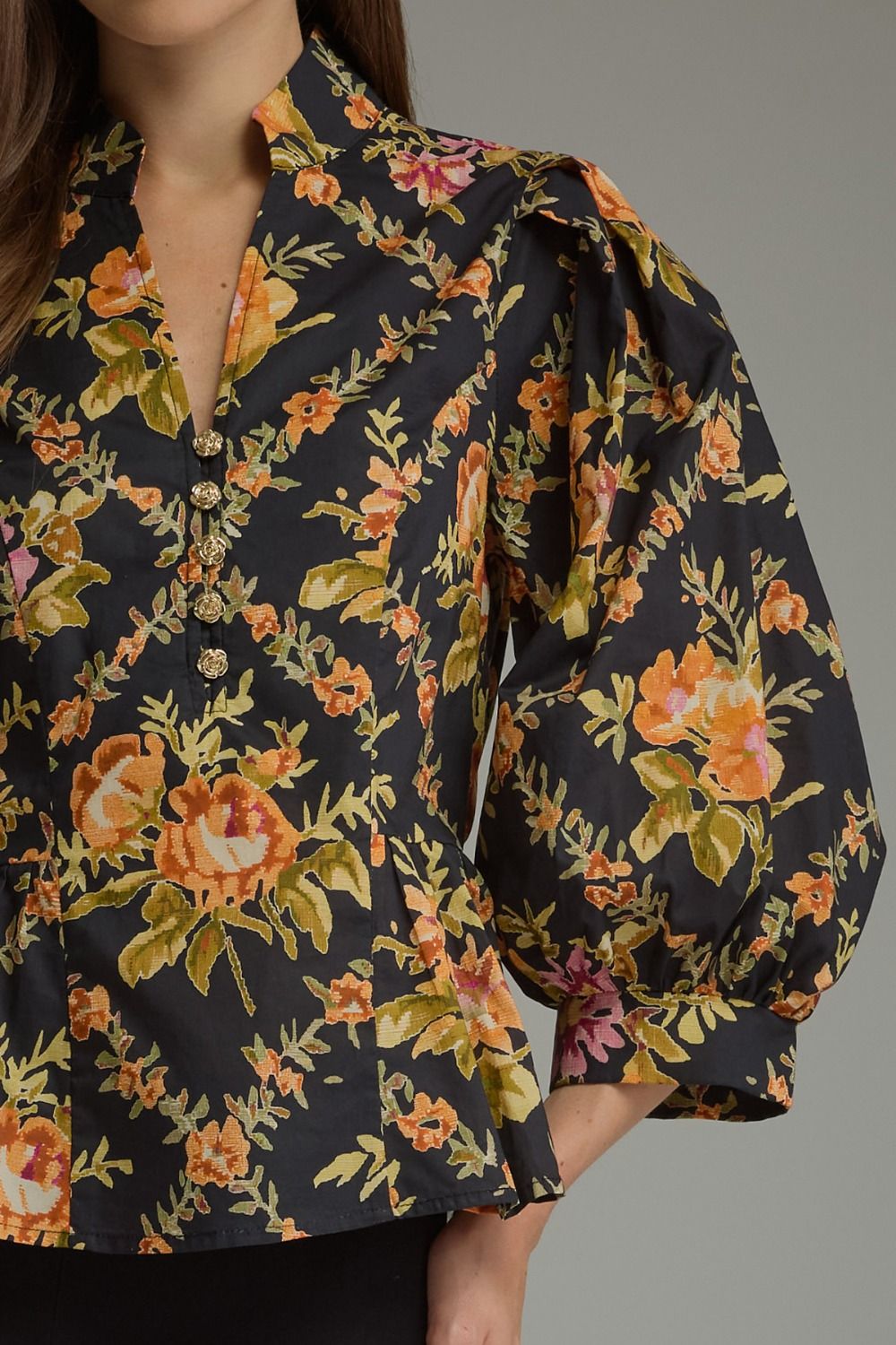 Black Floral Peplum w W Gold Button Detail