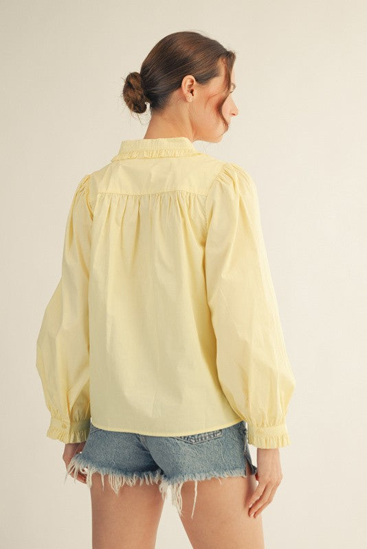 Canary Ruffle Accent Button Down Detail Collar Shirt