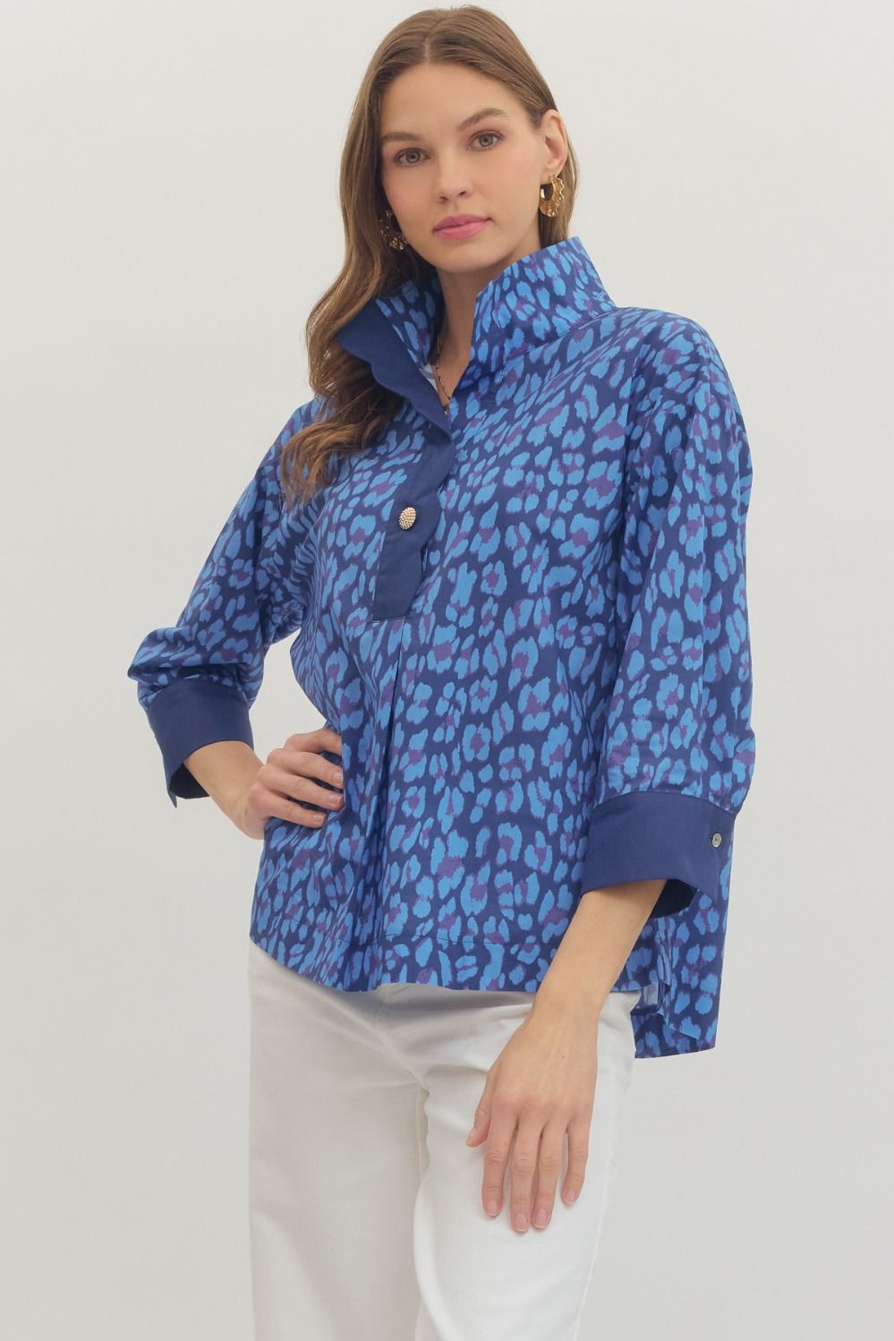 Lexi Leopard Gold Button Top- Blue Mix