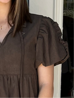 RUFFLE DETAIL CORDED MINI DRESS WITH PUFF SLEEVES