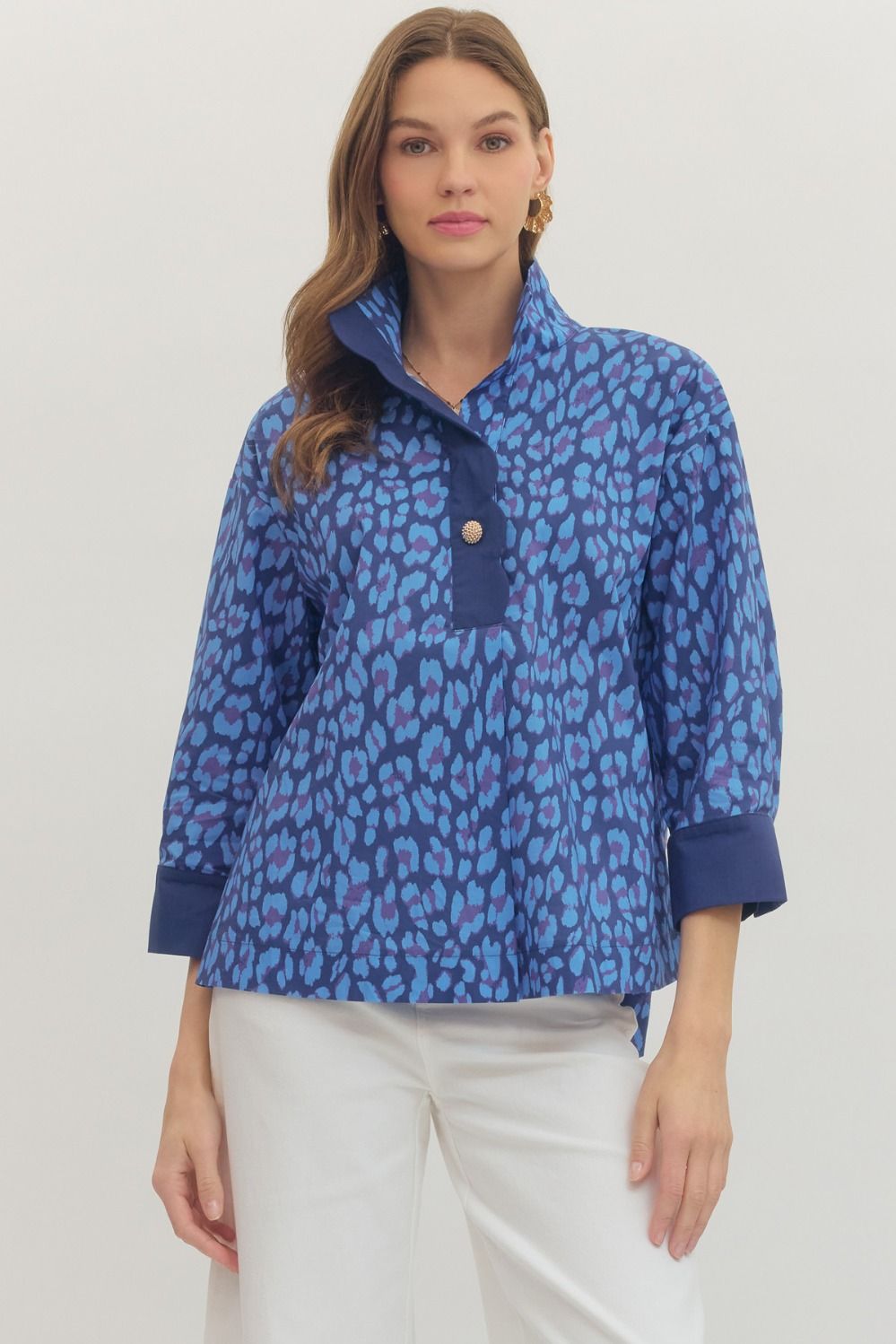 Lexi Leopard Gold Button Top- Blue Mix