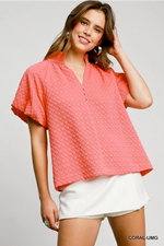 Coral Textured Puff Sleeve Top
