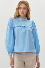 Oxford Blue Detailed Collar 3/4 Sleeve Top