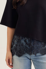 Gia Scallop Lace Hem Knit Top- Black