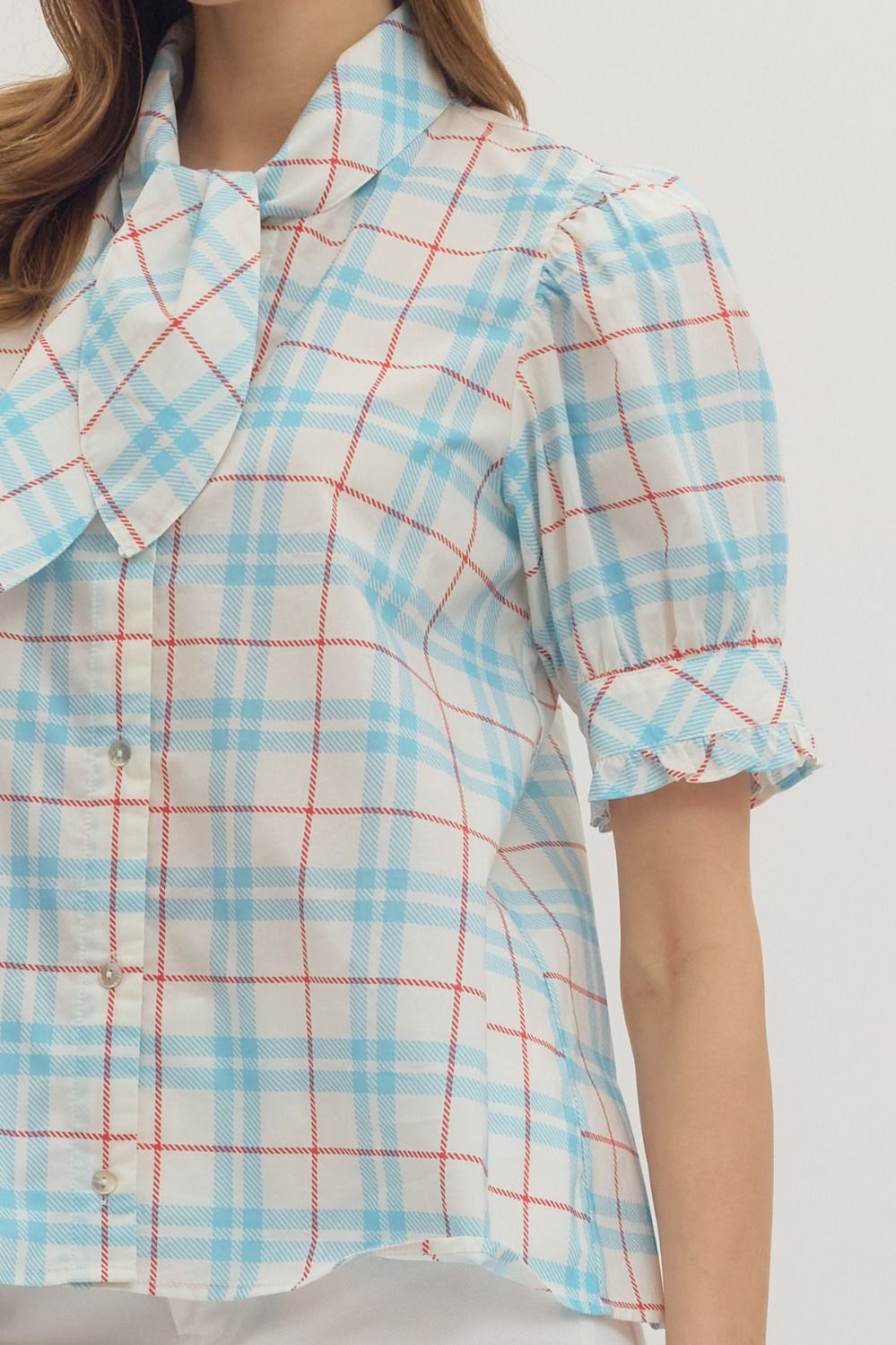 Perfectly Plaid Print Tie Neck Top - Red/Blue