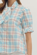 Perfectly Plaid Print Tie Neck Top - Red/Blue