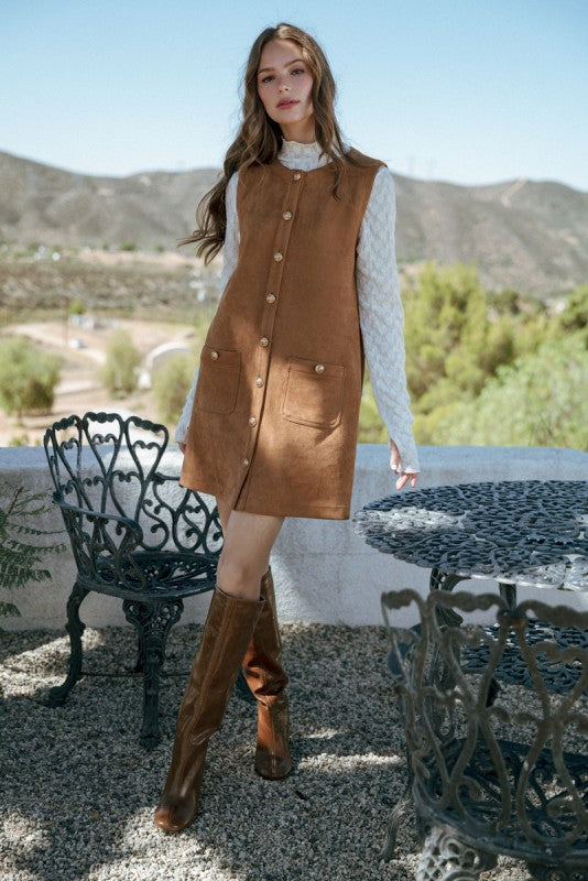 Heidi Button Down Suede Shift Dress- Camel