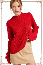 Soft Crew Neck Cable Knit Sweater -Red