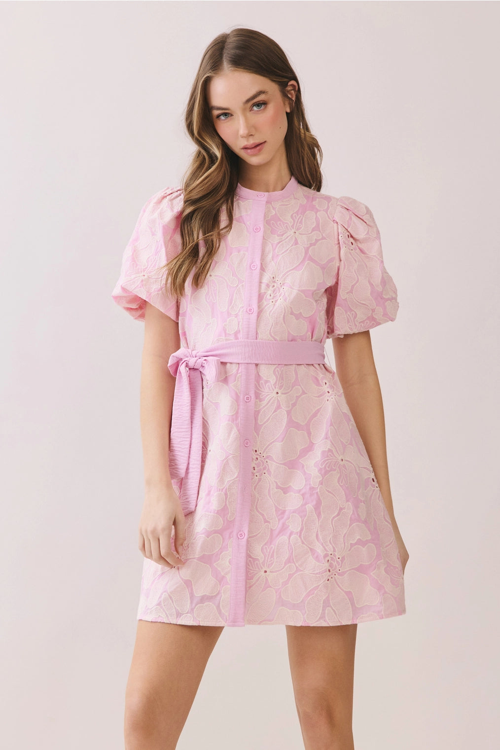 Celia Floral Eyelet Pattern Button Front Mini Dress