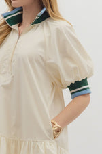 Ivory Puff Sleeve Ruffle Hem Mini Dress with Multistripe Collar and Cuff/ Side Pockets/ Non Sheer