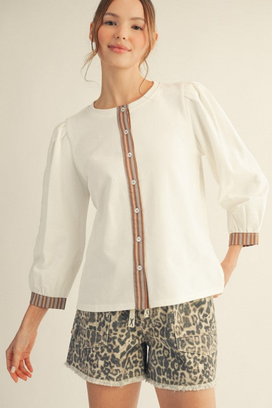PLEATED PUFF SHOULDER SOLID BUTTON DOWN TOP