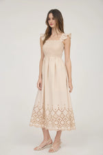 Emilie Smocked Ruffle Sleeve Eyelet Hem Midi Dress ** White or Ecru