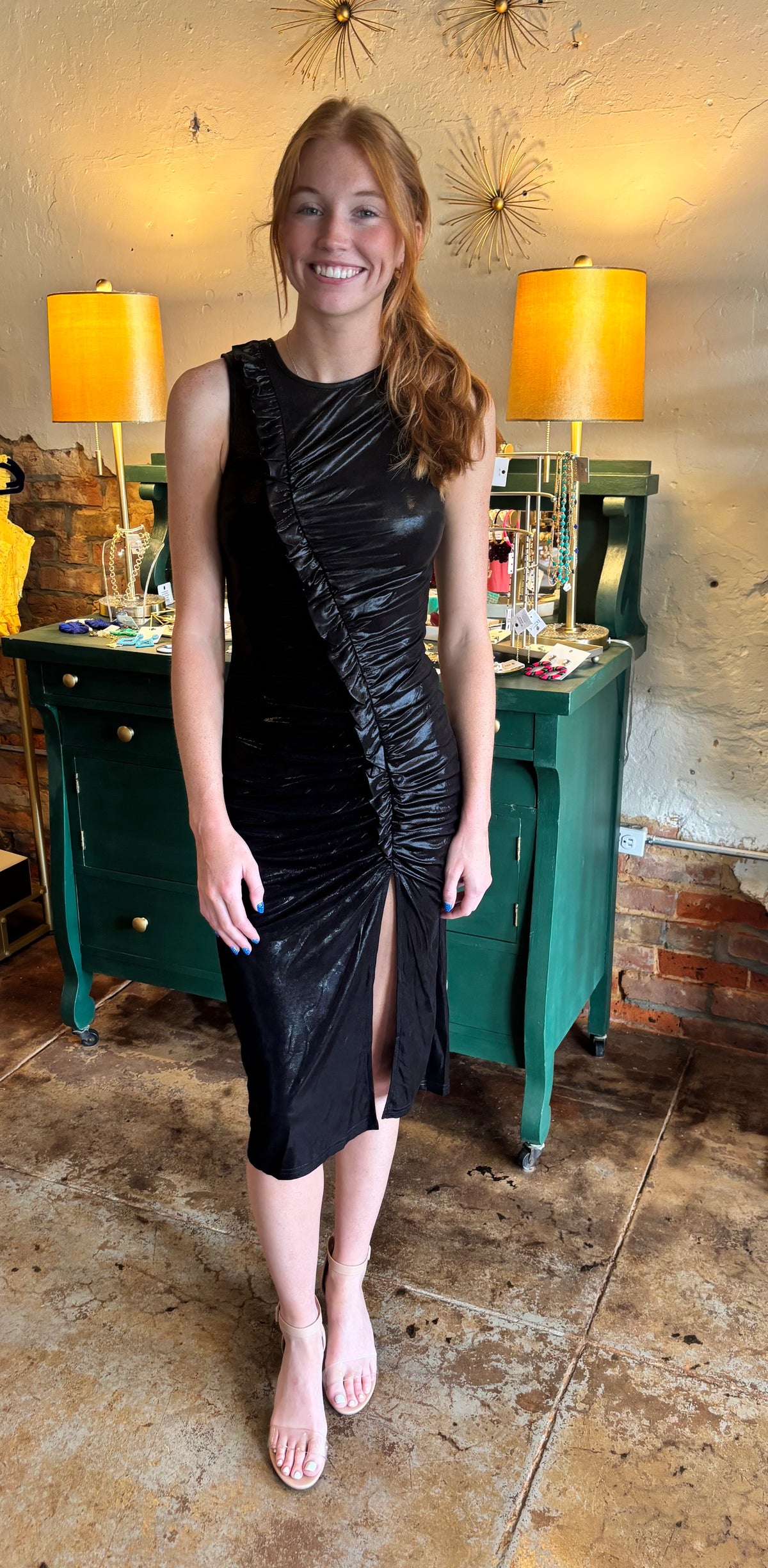 Metallic Black Midi with Ruching Detail and Slit