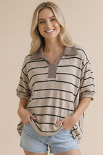 Carson Taupe/Black Stripe Polo Style Top