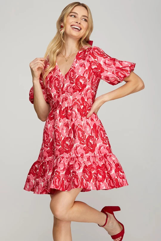 SHORT PUFF SLEEVE JACQUARD WOVEN BACK ELASTIC WAIST V NECK DRESS in Red and Pink Floral