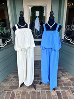 ISLA BUBBLE HEM TOP AND WIDE LEG PANT SET- * Sky Blue or Ivory