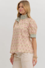 Jillian Floral Top with Stripe Collar and Cuff Accents