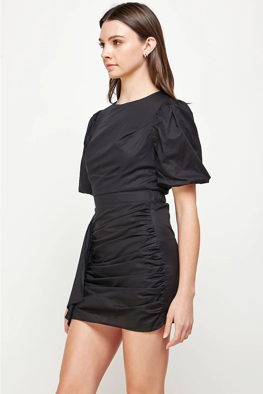 Ruched Short Puff Sleeve Voile Mini Dress