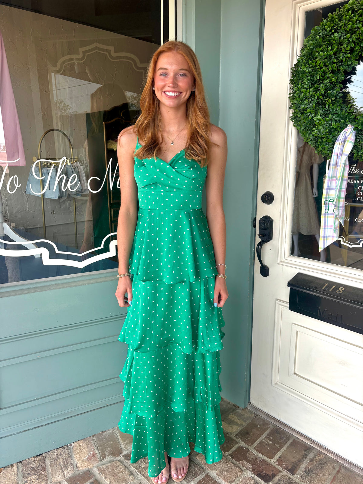 Emmaline Green Polka Dot Ruffle Maxi Dress