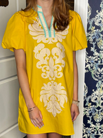 Marigold Damask Print Mini with Aqua Neck Contrast