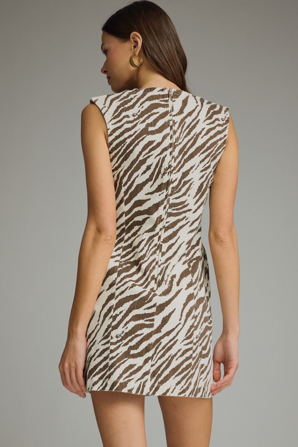 Ecru Zebra Print Mini Dress with Side Pockets and Should Detail