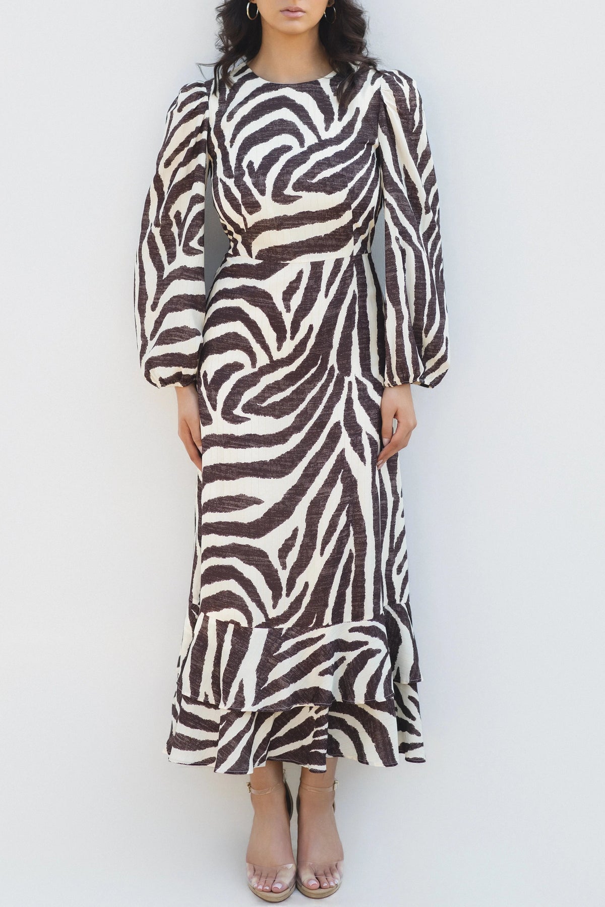 Ciara Zebra Ruffle Hem Maxi Dress- Brown