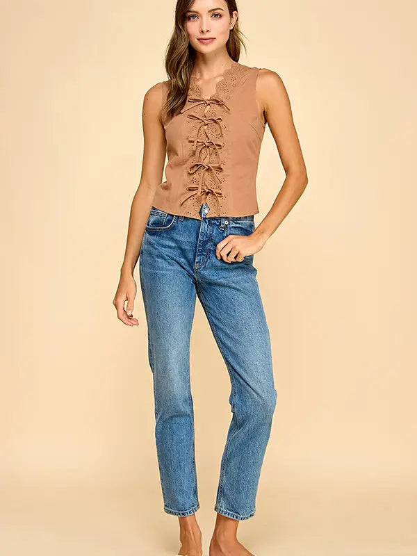 Mocha Eyelet Front Tie Top