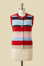 Mila Multi Striped Sleevless Button Front Sweater Vest - Red/Blue Mix