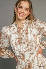 Brown and Ivory Floral Maxi with Self Tie Neck