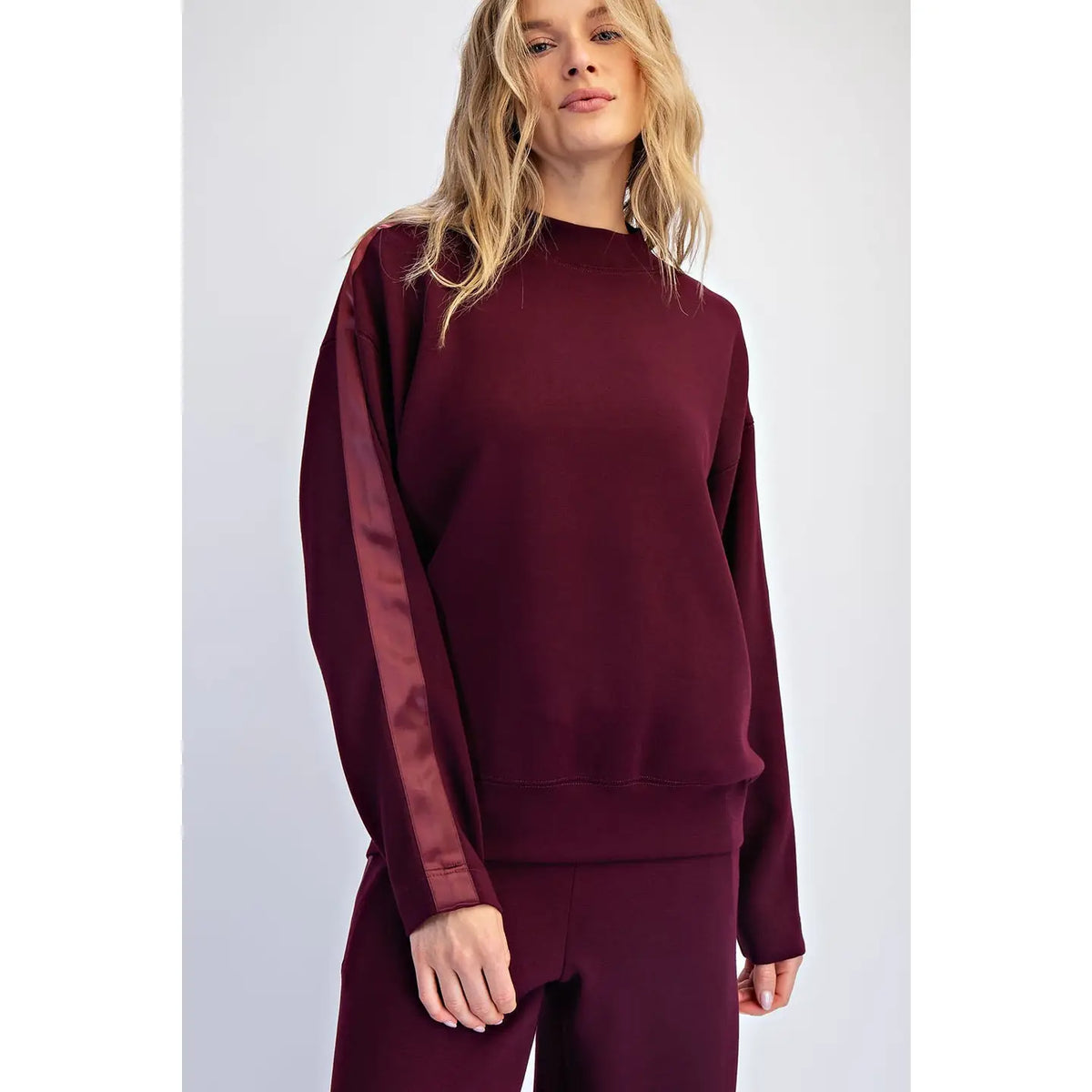 Rae Mode LUXE SATIN Crew Neck AND Straight Pant SET-Dark Cherry