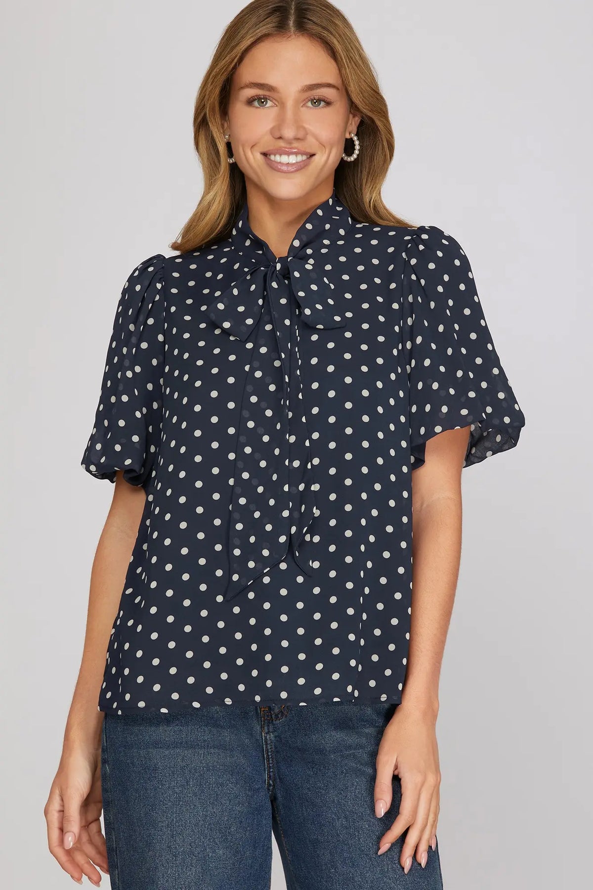 Bella Polka Dot Tie Neck Blouss- Navy