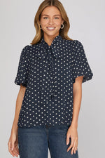 Bella Polka Dot Tie Neck Blouss- Navy