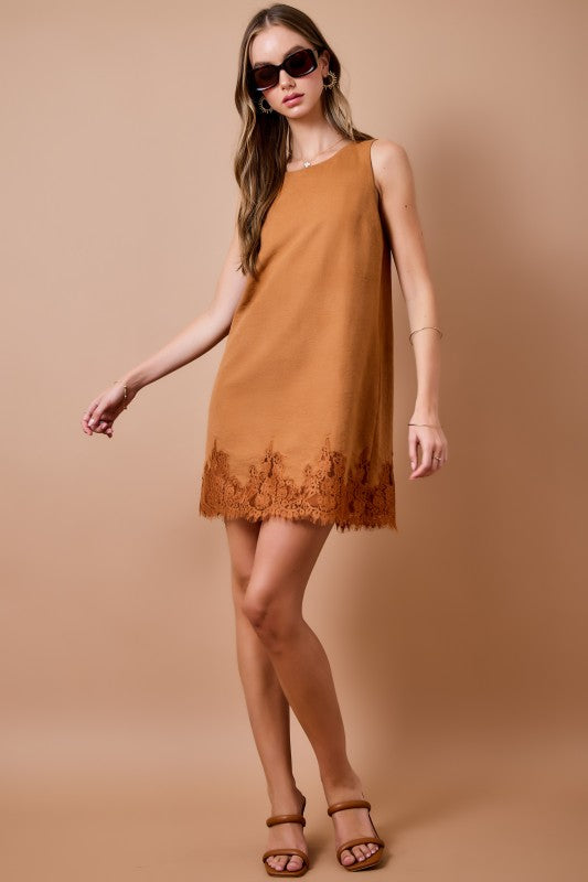 Sleeveless Suede Shift Dress with Lace Hem- Camel