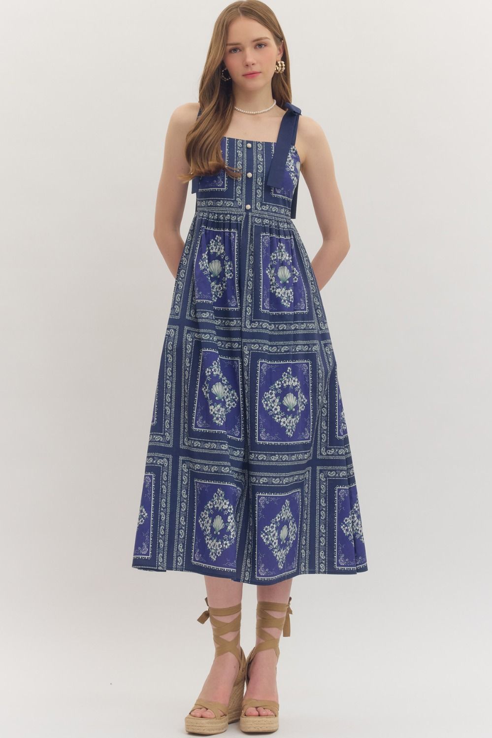 Camden Navy Printed Midi with Square Neckline and Raffia Detail Buttons