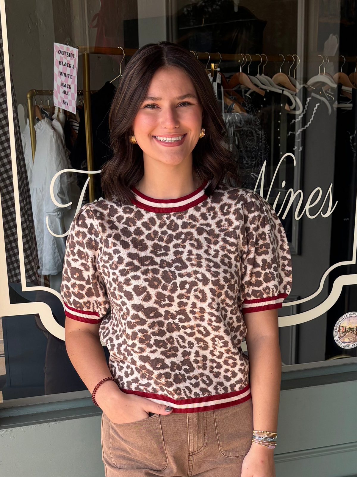 Light Taupe Leopard Sweater Top with Red/Ecru Contrast Trim