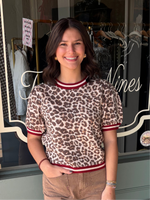 Light Taupe Leopard Sweater Top with Red/Ecru Contrast Trim