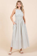 SLEEVELESS BLUE AND IVORY STRIPED MAXI DRESS WITH CINCHED WAIST AND POCKETS