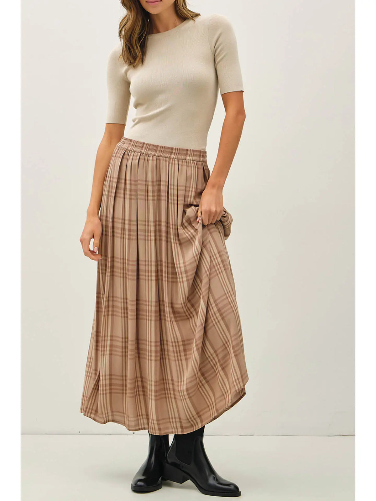 MOCHA PLAID MAXI SKIRT