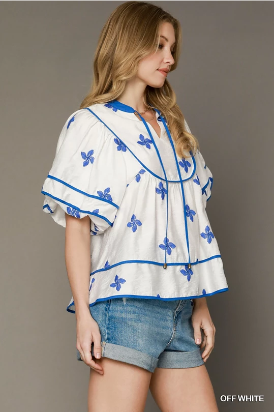 Embroidered Ruffle Top