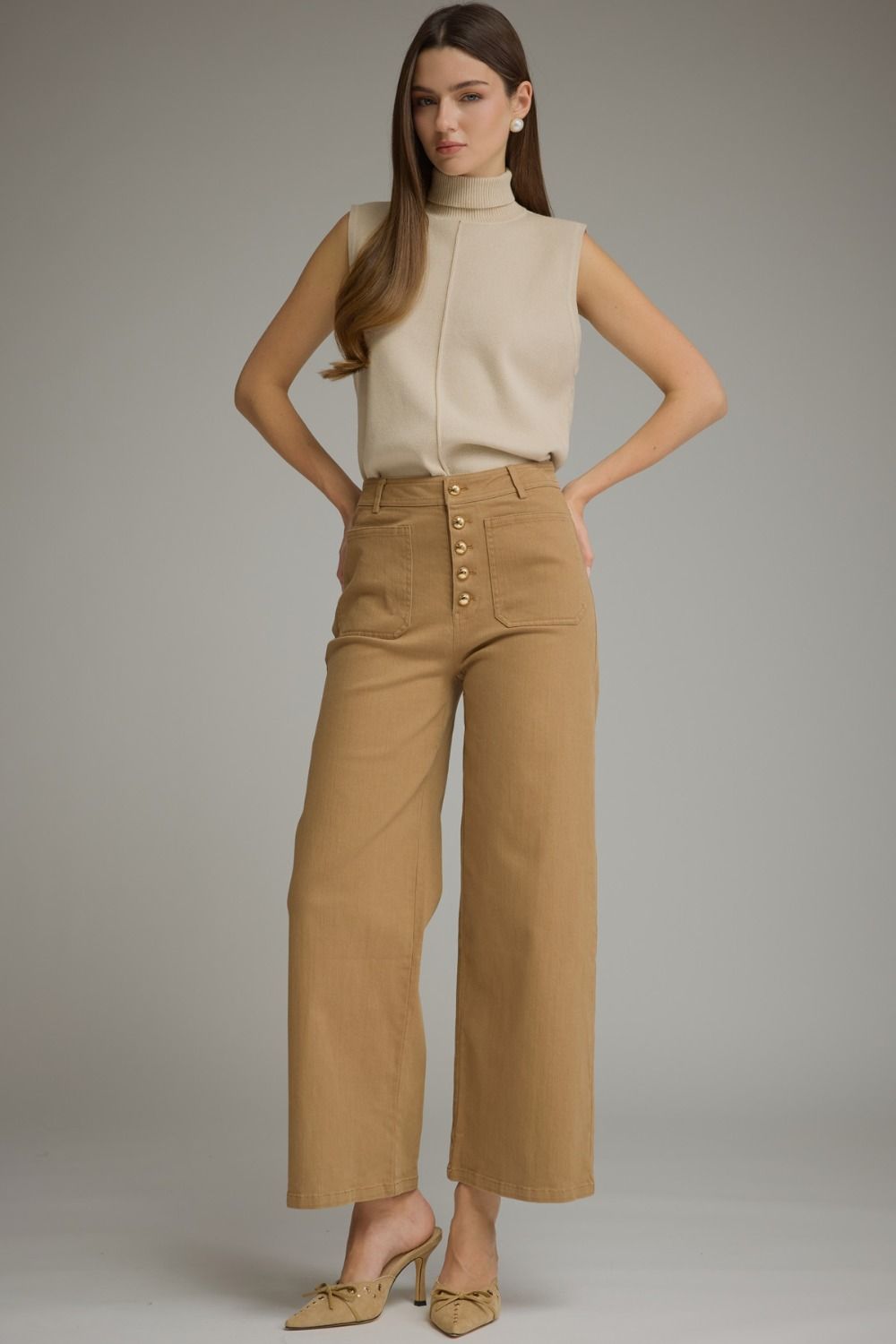 Heidi Gold Button Down Patch Pocket Wide Leg - Light Camel